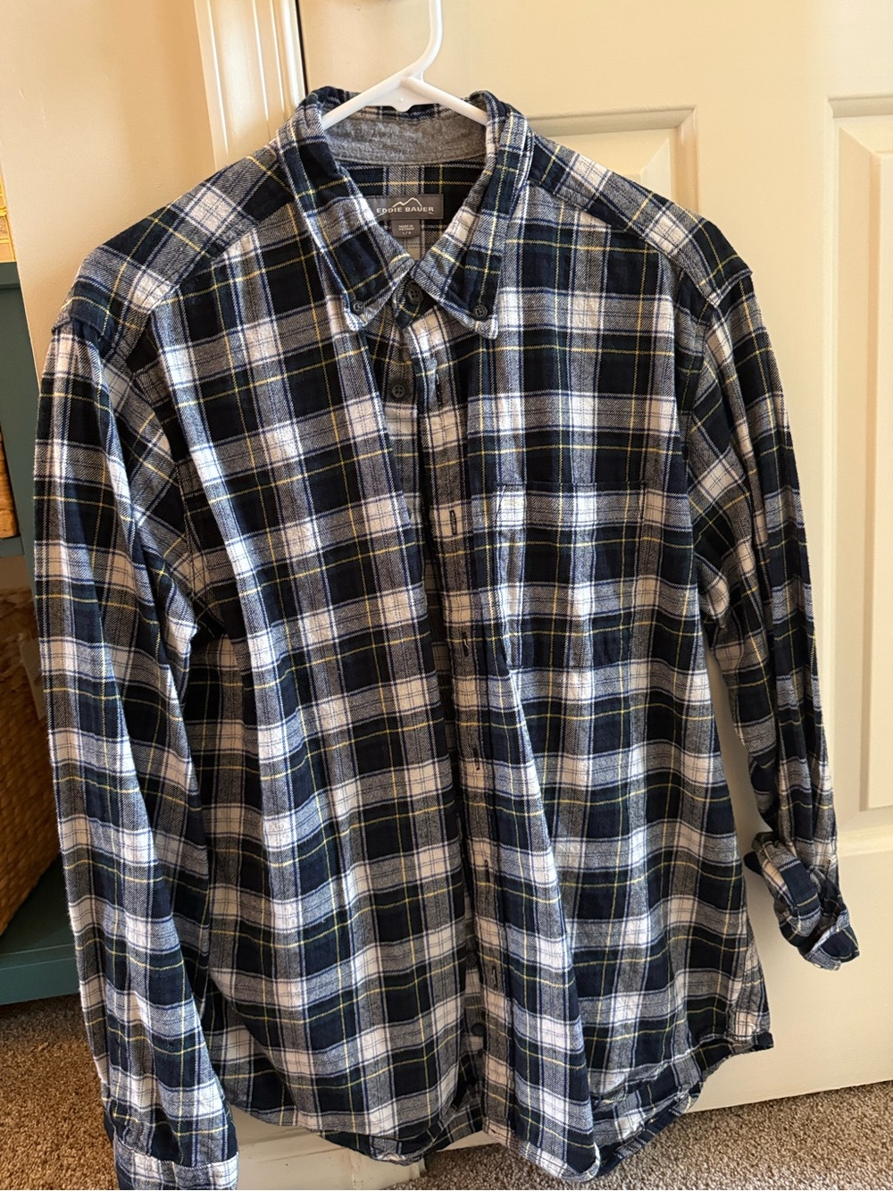 Eddie Bauer Men's Black, White & Navy Plaid Button-Down Shirt